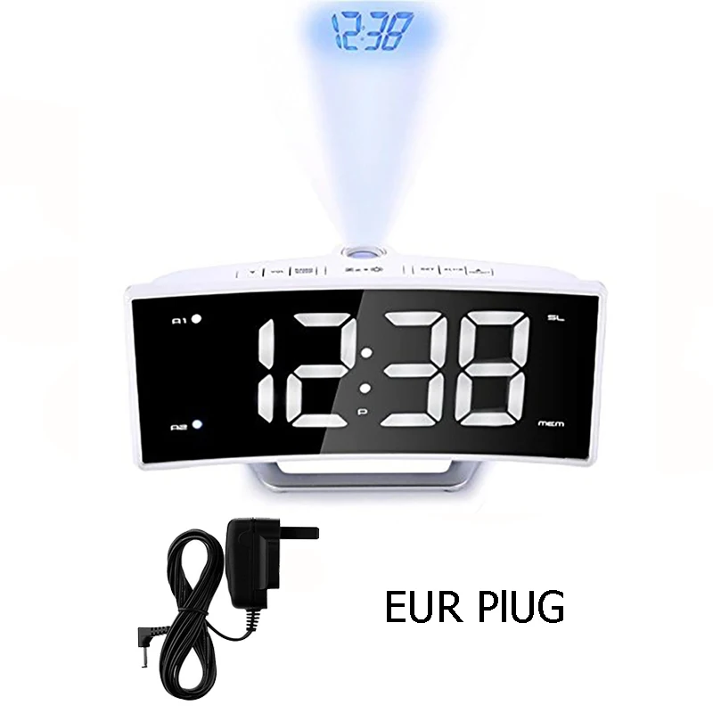 White EUR plug Зеркальный FM радио будильник светодиодный цифровой электронный настольный проектор часы настольные Nixie проекционный будильник с проекцией времени - Цвет: White EUR plug