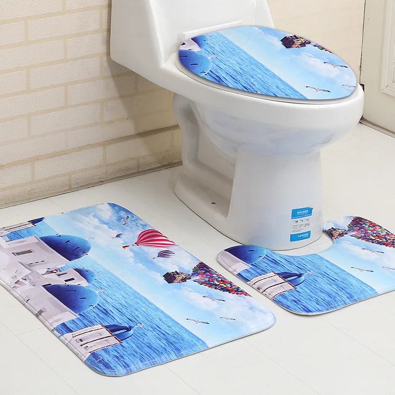 

3D Undersea World Printed 3Pcs Bath Mat Set Bath Carpet Lid Toilet Cover Set Toilet Rug Anti Slip Bathroom Bath Rugs Floor Mats