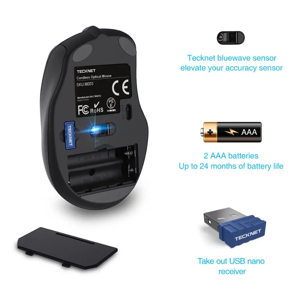 TeckNet мышь Беспроводная USB 2600DPI Регулируемый приемник оптическая компьютерная 2 4