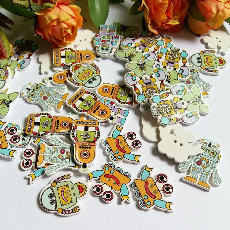 50 шт./упак. деревянными пуговицами случайный смешанный робота из мультфильма