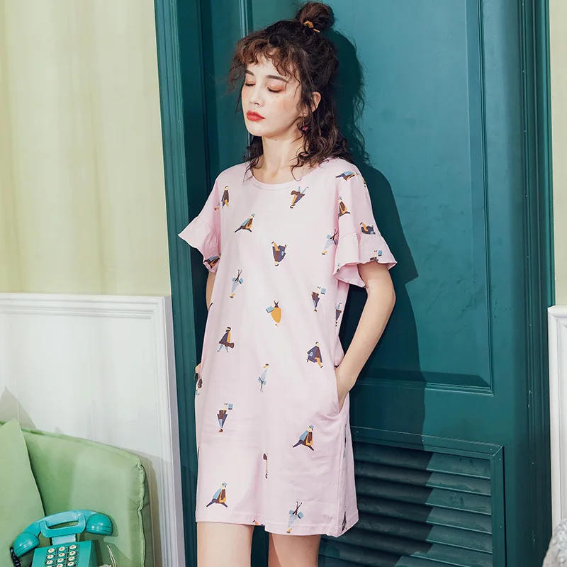 

M-3XL Sexy Summer Women's Nightgowns Shortsleeve 100% Cotton Dress Cute Pink Girl Sleepwear Cartoon Printed Big Size Sleepwear
