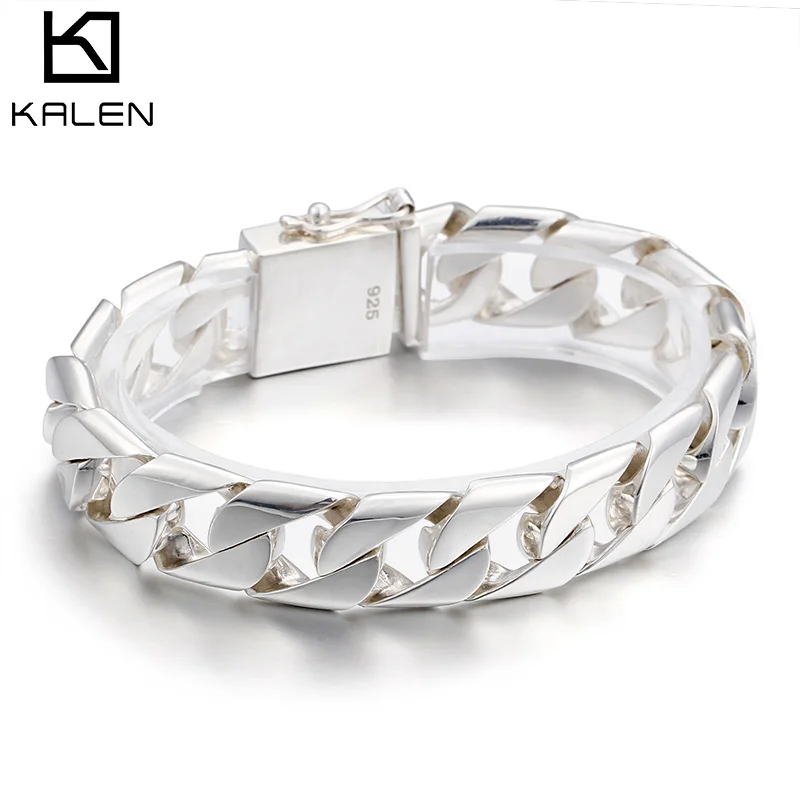 KALEN 925 пробы Серебряный кубинский браслет цепочка для мужчин 200*15 мм хип хоп рок