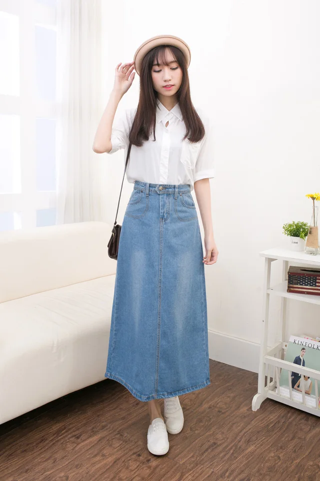 Women Lady Denim Skirt High Waist Long Big Swing Slim Elegant Pocket Blue | Женская одежда