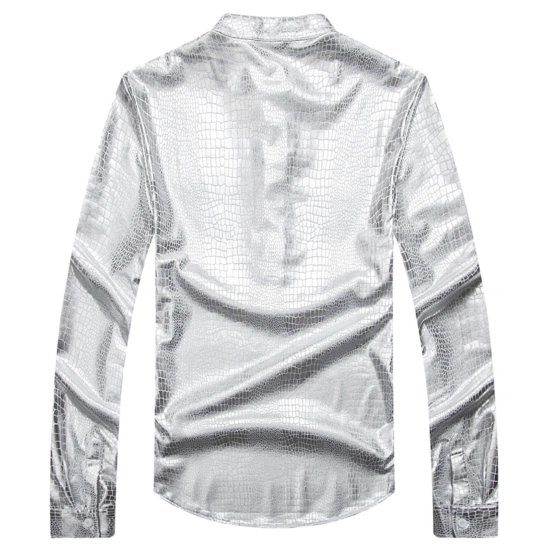 Hot Nightclub Silver Men Shirt Masculina Metallic Shiny Stage Performance Fashion Slim Fit Long Sleeve Hip Hop Dress Shirts | Мужская