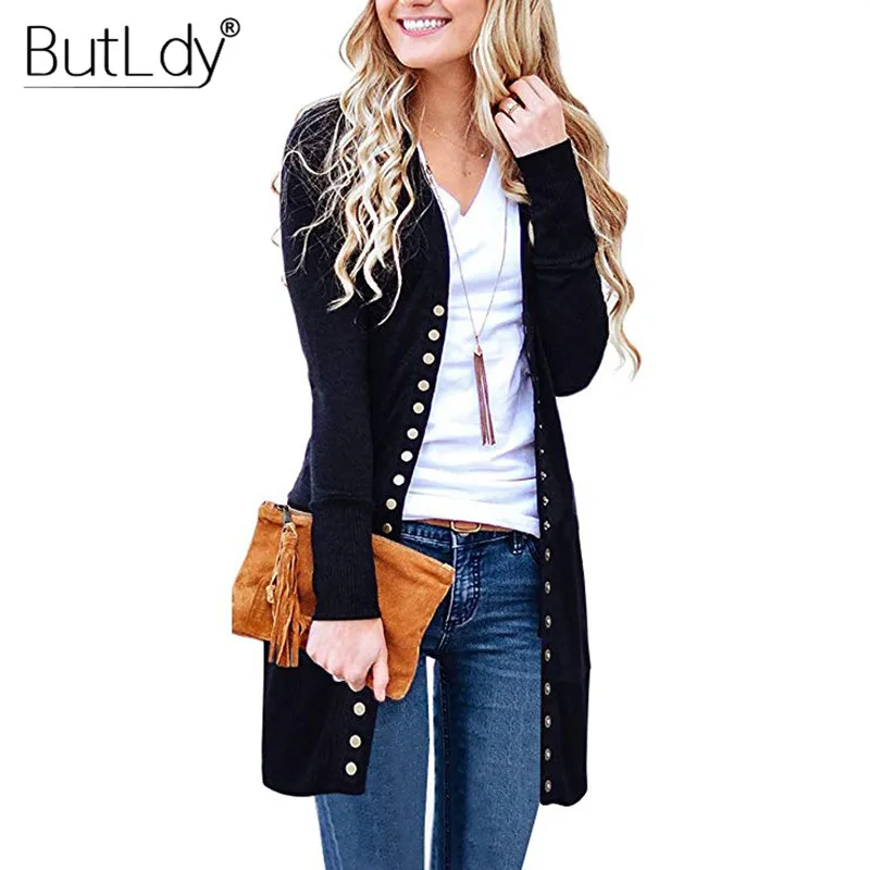 Женский длинный кардиган на пуговицах трикотажный в рубчик с длинным рукавом и