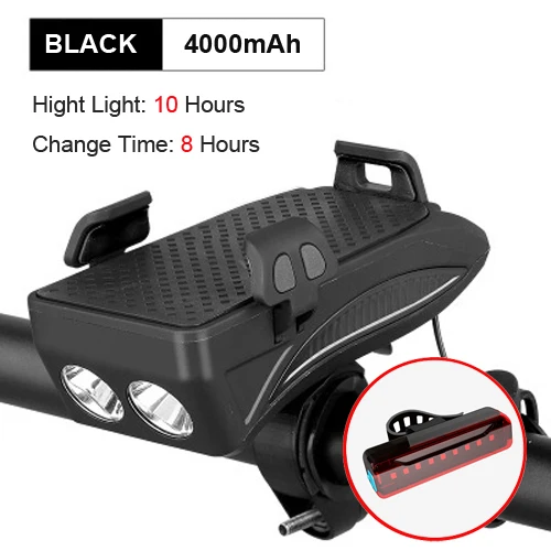 4000 Black taillight NEWBOLER велосипедный фонарь с зарядным аккумулятором, USB Перезаряжаемый фонарик, держатель для телефона, велосипедный фонарь, 4000 мАч, велосипедный рог, светодиодный свет - Color: 4000 Black taillight