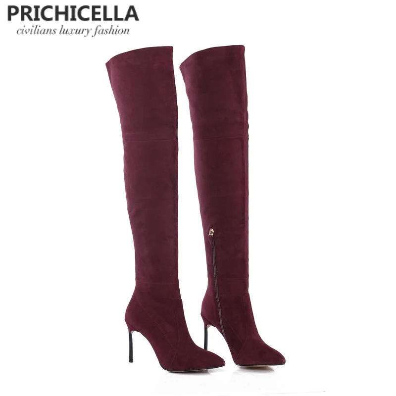 Кожаные Сапоги выше колена PRICHICELLA 8 см 10 цвет серый|high booties|knee bootsover knee boots |