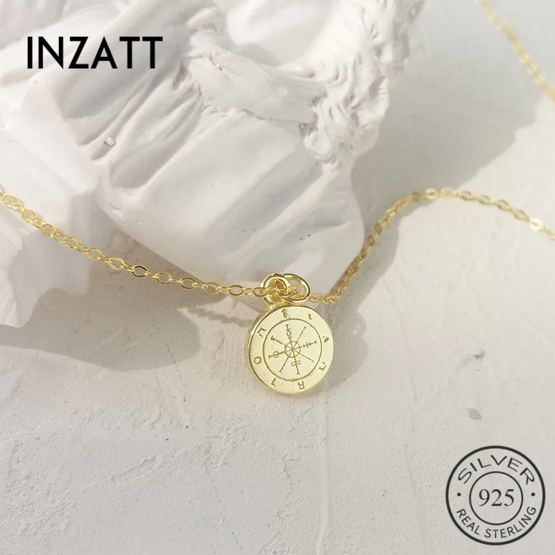 

INZATT Real 925 Sterling Silver Vintage Round Compass Pendant Necklace For Fashion Women Gold Color Fine Jewelry