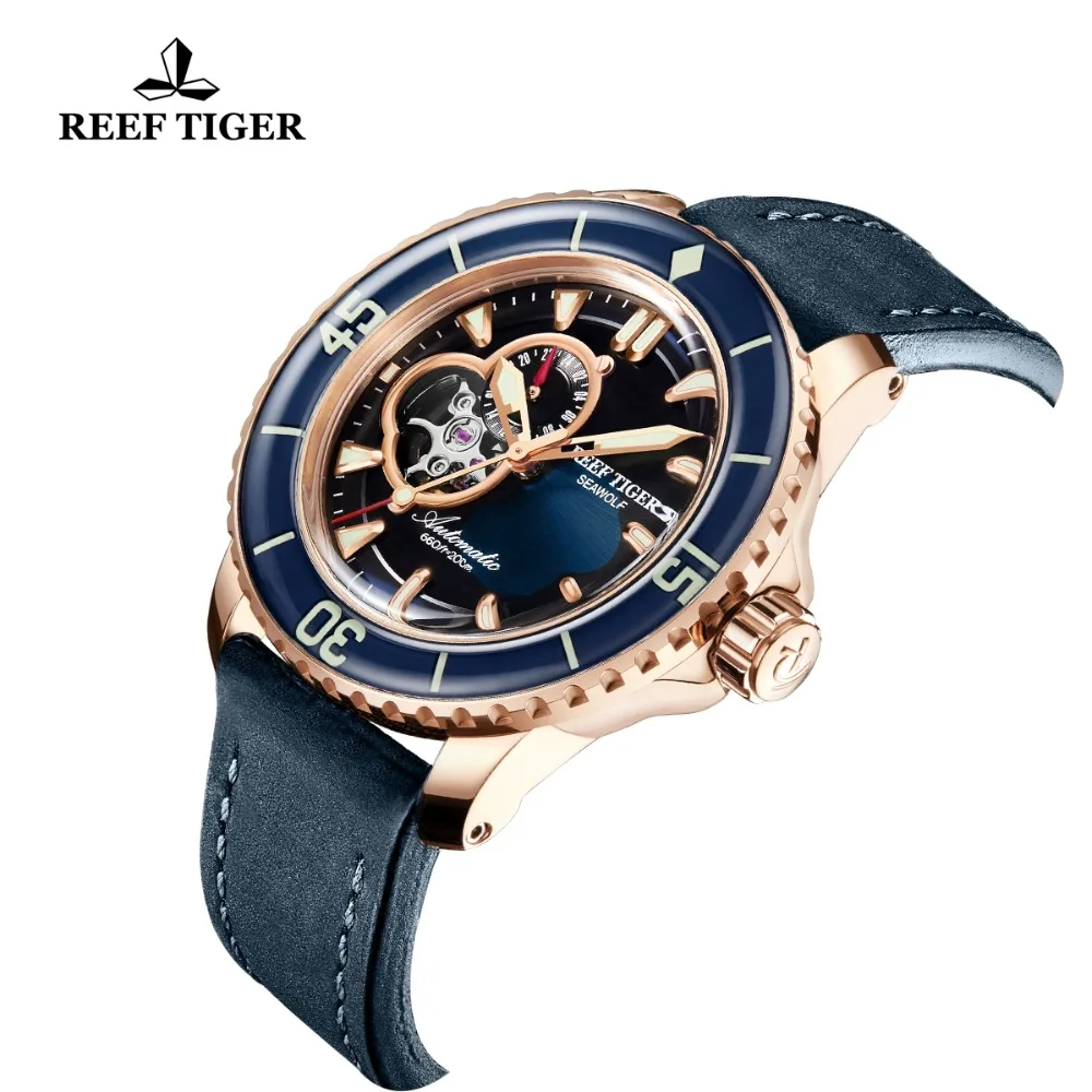 Роскошные часы для дайвинга Reef Tiger/RT спортивные цвета розового золота с кожаным
