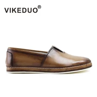 vikeduo 2019 hot casual mens loafers shoes handmade patina brown leather shoes mans footwear slip on casual flat zapato hombre