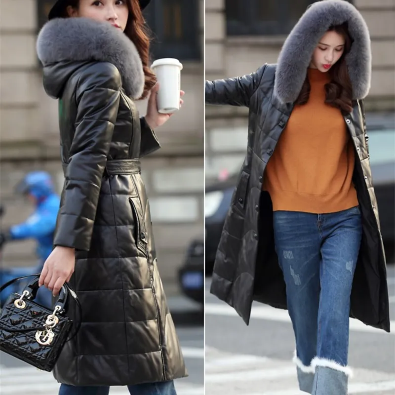 2018 New Women Winter Hooded Fur Collar Genuine Leather Down Jacket Fashion Warm Large Size Solid Long Coat LF273 | Женская одежда