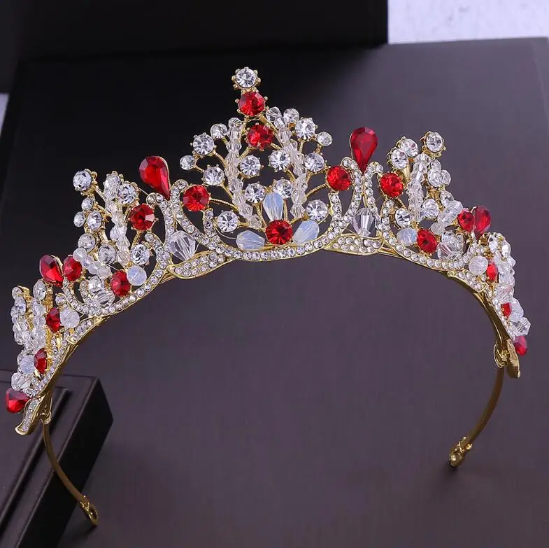 Gold Red KMVEXO Роскошные бусины ручной работы со стразами свадебная диадема Корона серебро диадема с кристаллами вуаль тиары свадебные аксессуары для головных уборов - Окраска металла: Gold Red