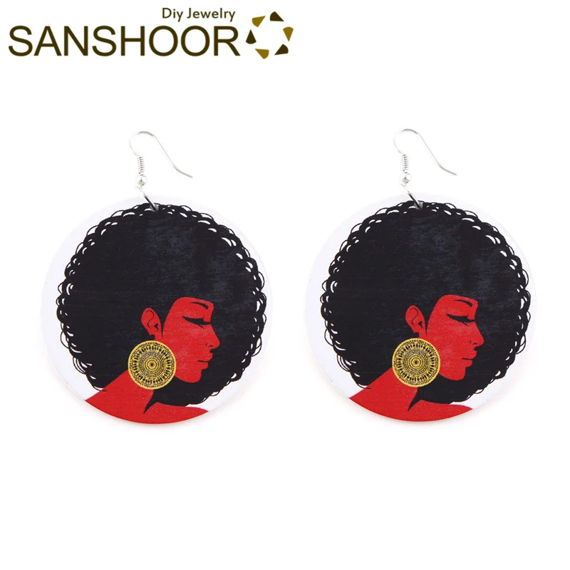 Set 5 SANSHOOR напечатанные афро натуральные волосы деревянные серьги африканские черные женские головные украшения этнические украшения как рождественские подарки 9 пар - Окраска металла: Set 5