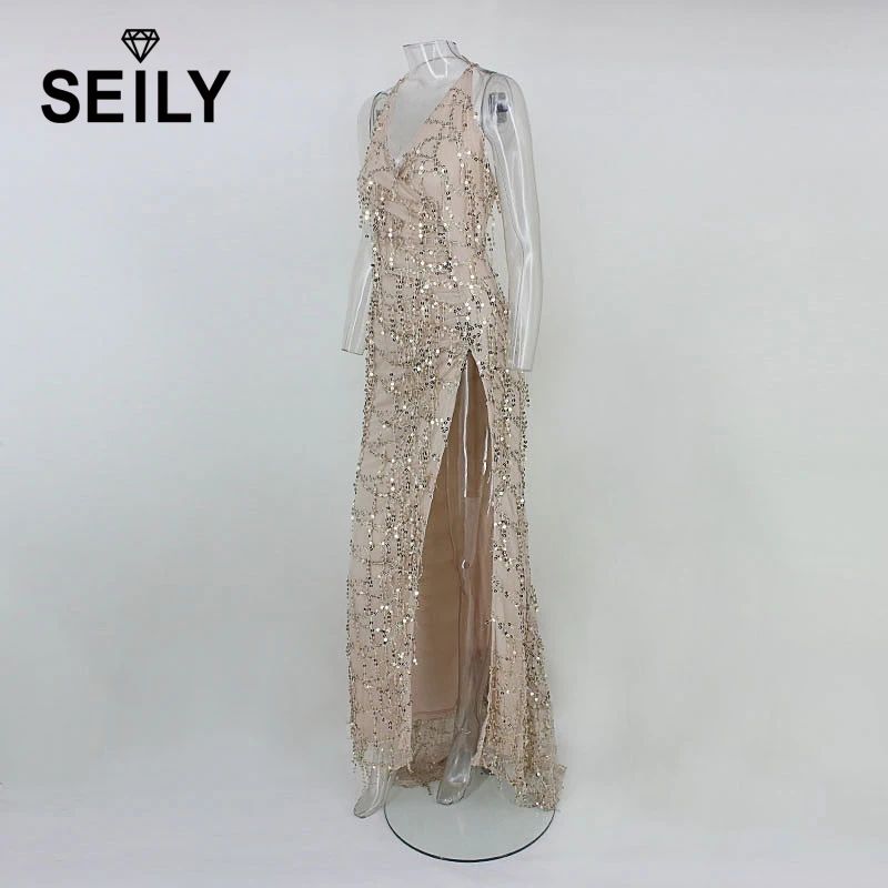 Женское блестящее платье seilly Золотое длинное платье-макси с высоким разрезом