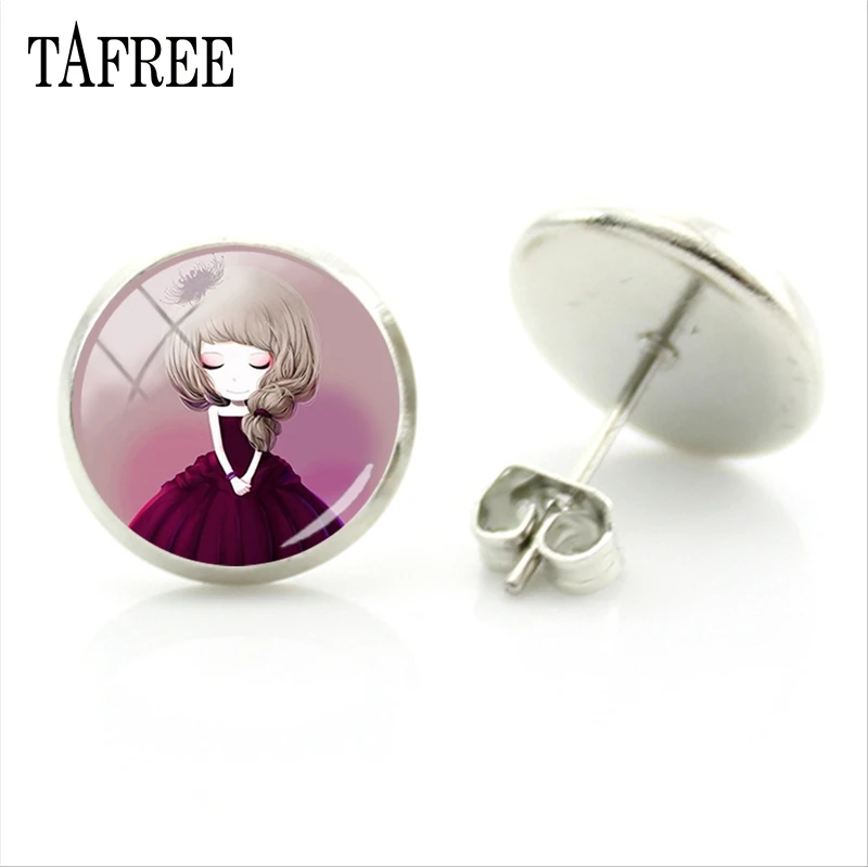 Милые серьги-гвоздики в стиле Q TAFREE с изображением мультяшной девушки круглые