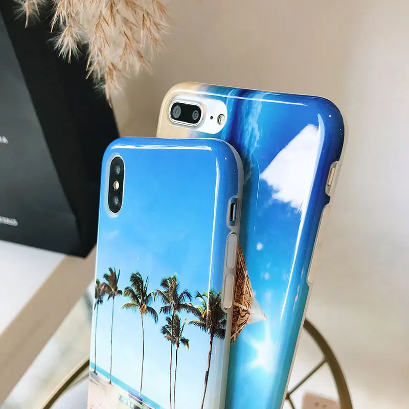 Boucho модные пляжные пейзажа задняя крышка для iPhone 6 S 7 8 Plus Glossy анти-knock Обложка