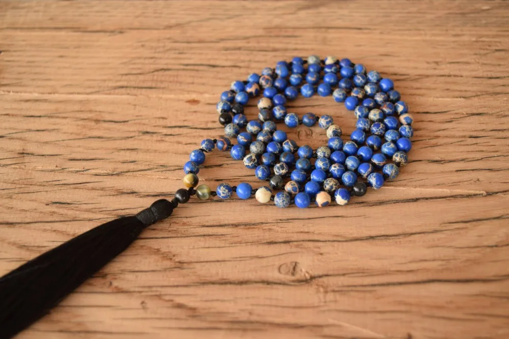 108 Mala Beads синее регалитовое ожерелье буддийские ювелирные изделия тигровый глаз