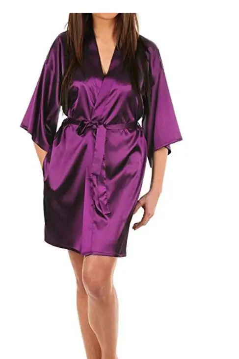 Purple Женский халат, шелковый атлас, однотонное кимоно, халат, модный банный ночной халат, сексуальный халат, большой размер, женский халат для подружки невесты - Цвет: Purple