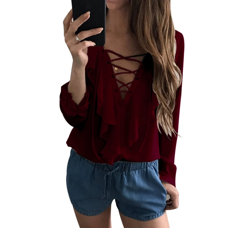 Пикантные Шифоновая блузка рябить Blusas Mujer женские Топы Кружева V шеи с ремешком