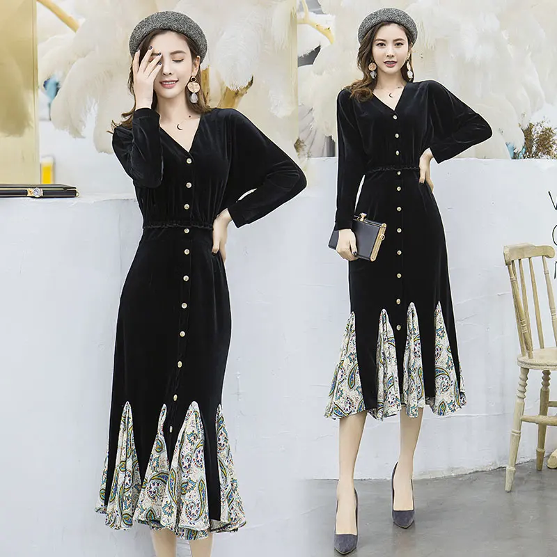 Удобное и простое бархатное платье новинка весны 2019 однотонное шифоновое