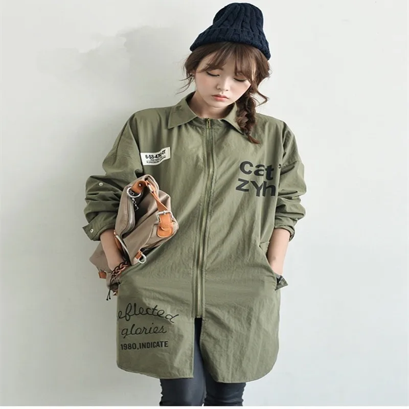 Fashion Spring Army Green Long Blusas Plus SIze Loosen Cotton Letter Print Shirt Casual Streetwear Shirt Women Vintage Blouse