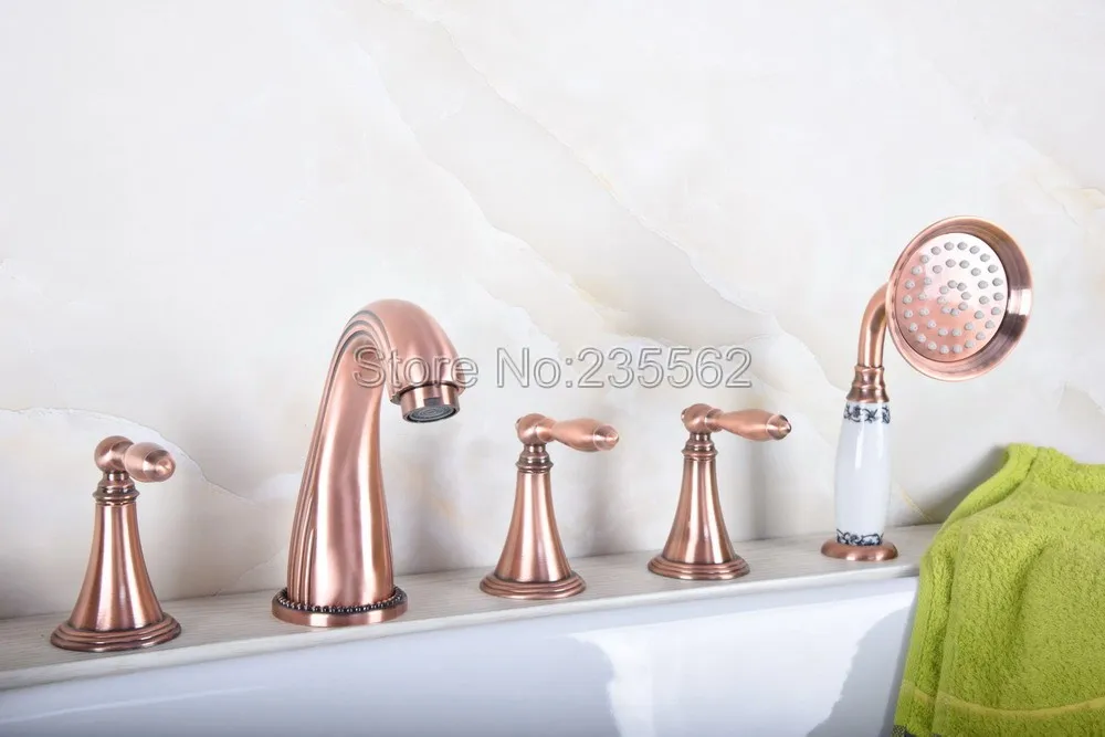 Античная красная медная Ванная раковина кран с ручной душевой бортикой 5