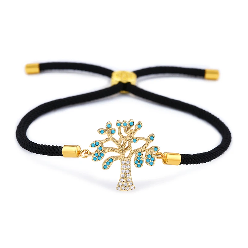Gold (Black Rope) Браслет с циркониевым деревом жизни, граница камней CZ, регулируемые красные черные браслеты с подвесками для женщин, счастливые ювелирные изделия brt-b04 - Окраска металла: Gold (Black Rope)