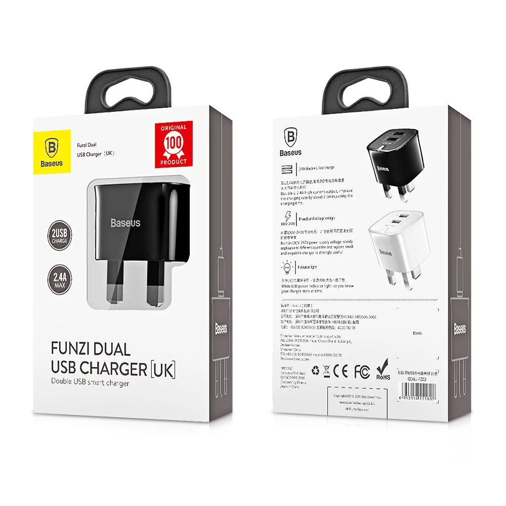 BASEUS фунзи Dual USB 2.4a Smart Travel Зарядное устройство Великобритании Подключите смартфон