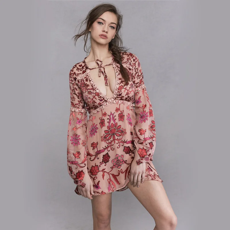 2017 богемное шифоновое летняя обувь на шнуровке Для женщин платья Цветочный принт