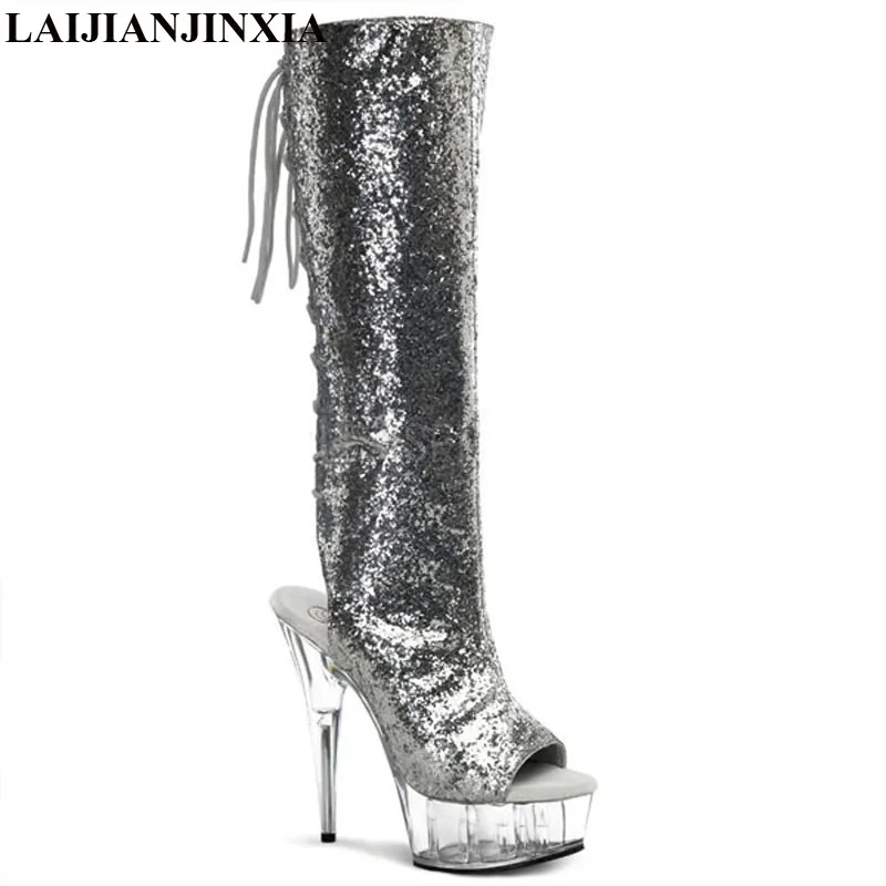 LAIJIANJINXIA Dance Shoes Pu Mid Calf Women Boots Peep Toe Lace-Up Back 15Cm Extrem High Heels 5Cm Platform Clear Heeled Shoe