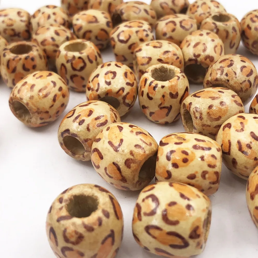 

50pcs 16X17mm Red line leopard print Wooden Beads for Macrame Charms Crafts Making Big Hole Beads For Bracelet necklace Jewelry