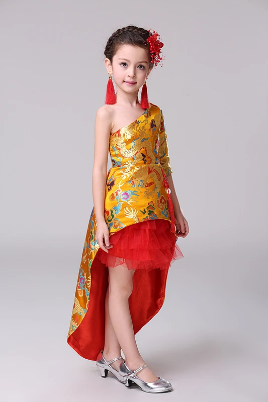 Китайские традиционные дети Cheongsam девушки детей желтый со шлейфом принцесса цветы Qipao на день рождения и свадьбу Oriental Платья для вечеринок