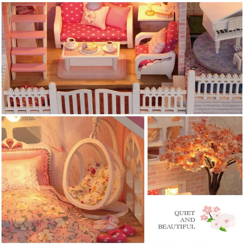 CUTEBEE кукольный дом Миниатюрный DIY кукольный домик с деревянная мебель для дома вишневый цвет игрушки для детей подарок на день рождения A036