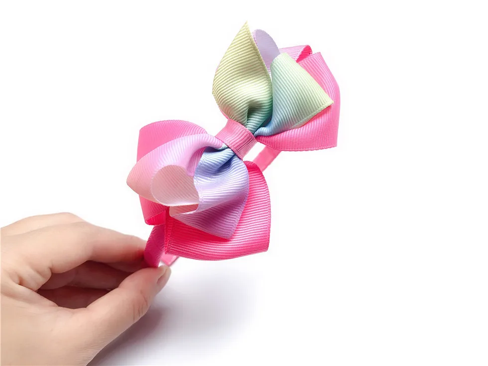 Бутик 1 шт Мода ленты лук Hairbands сплошной Градиент Радуга Цвет бант для волос