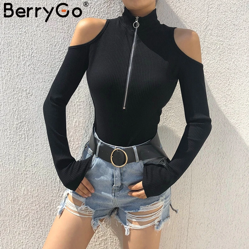 BerryGo Водолазка белая женская боди из хлопка с длинным рукавом на молнии открытыми