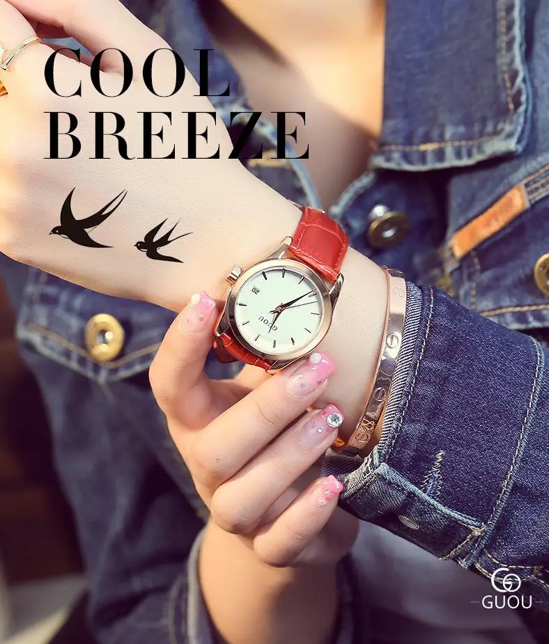 GUOU Высокое качество Классический розового золота кожа подарок аналоговые