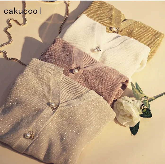 Cakucool, корейский стиль, v-образный вырез, однобортный Кардиган, женский, тонкий, Повседневный, золотой, блестящий, люрекс, базовый, вязаный, пальто, свитер, Casaco, женский, 6 цветов