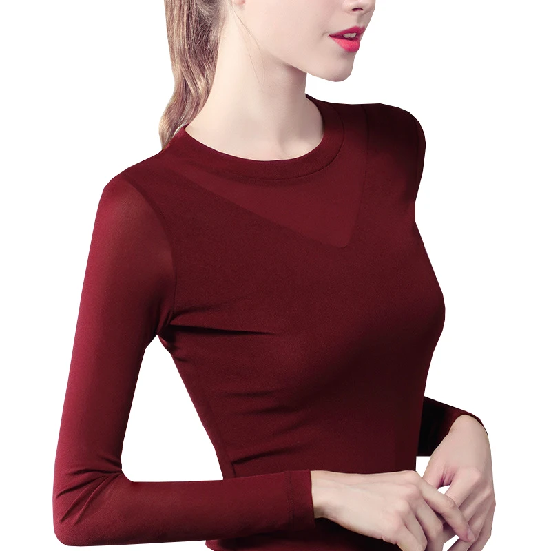 

DHfinery casual t-shirt Women spring autumn full sleeve O-neck silk Tee Tops t-shirts Ladies gray wine red Sexy Tshirt sg26100