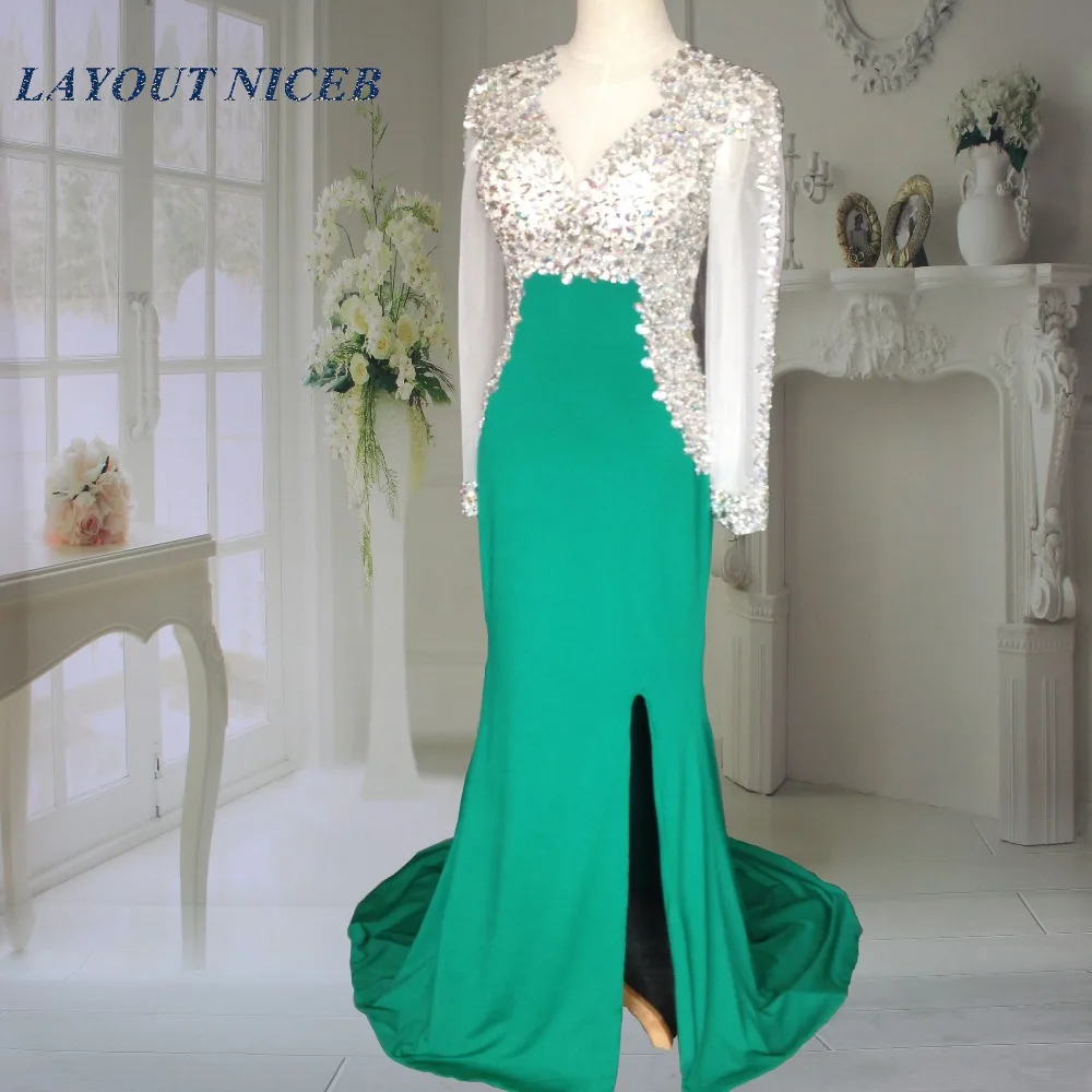 Зеленый vestido de formatura 2015 бриллиантовое выпускное платья с длинным рукавом со