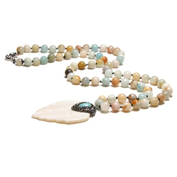 MOON GIRL 8MM Amazonite Stone Handmade Leaf Shape Necklaces Pendants Ethnic Unique Statement Vintage Necklace for Women Collares - Окраска металла: Amazonite