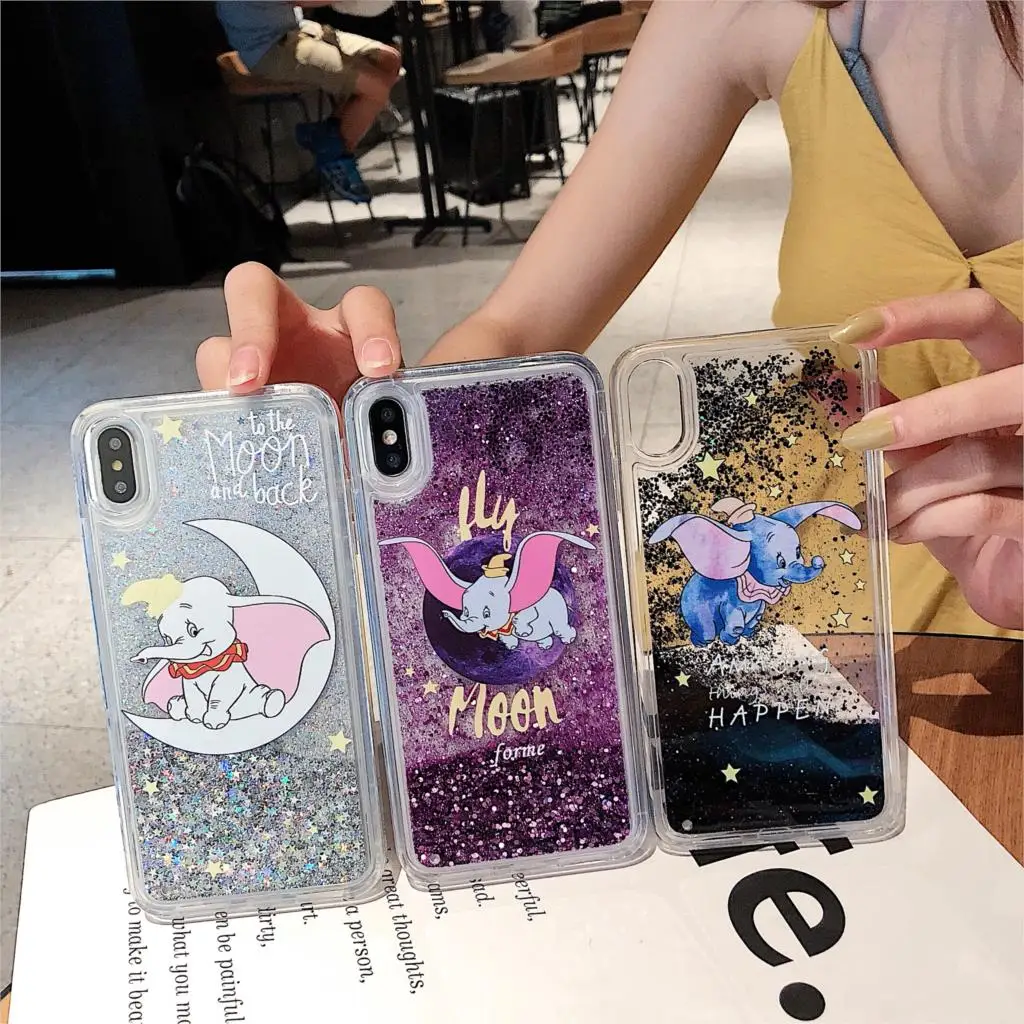 Liquid Quicksand Fly Moon Elephant Phone Case for iphone 6 6S 7 8 Plus X XR XS Max Cover Love Heart Glitter Bling Sequins Capa |