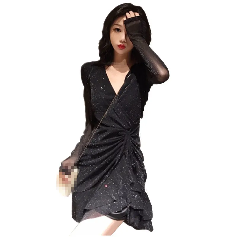 C1315 2020 spring new women fashion temperament sexy cross V collar sequin fishtail dress cheap wholesale | Женская одежда