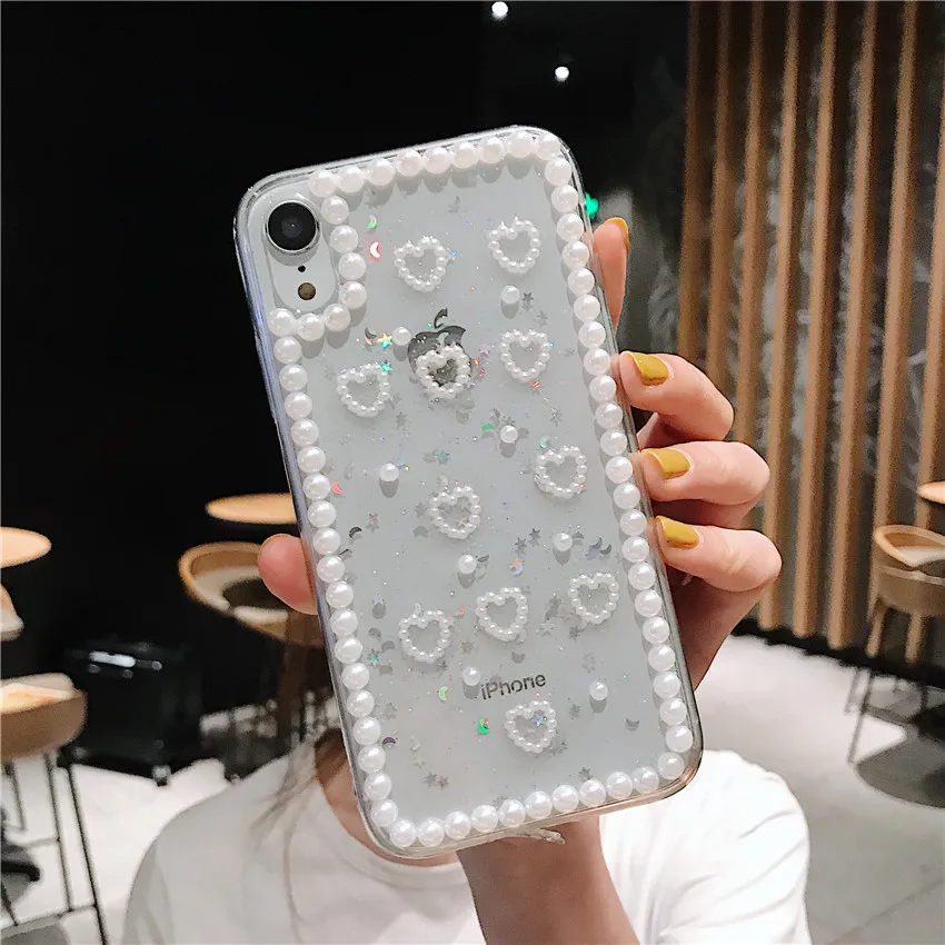 Блестящий Футляр для жемчуга с сердечком ручной работы iPhone 11 Pro Max X Xs Xr + 8 7 Plus