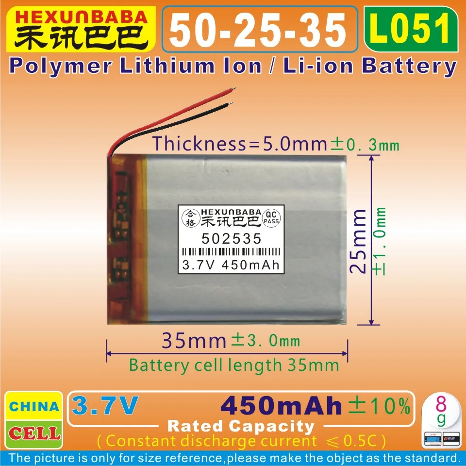 5pcs [L051] 3 7 V 450mAh [502535] PLIB Полимерный литий ионный/литий ионный аккумулятор для GPS mp4 mp5