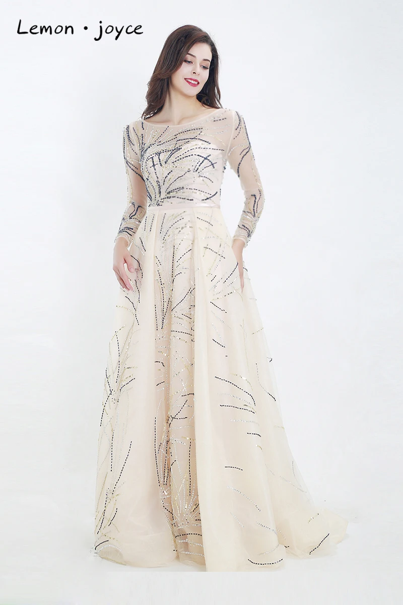 Lemon joyce Formal Evening Dresses with Long Sleeves O-neck Illusion A-Line Prom Dress Party Gowns Plus Size