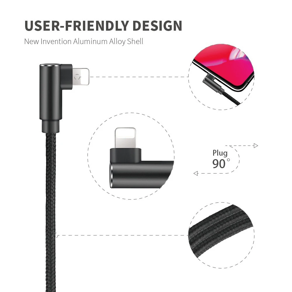 8 Pin Type-C Micro USB 1m Charging Cable Double Elbow USB Cable 2A Sync Data Nylon Woven TPE for Android IOS