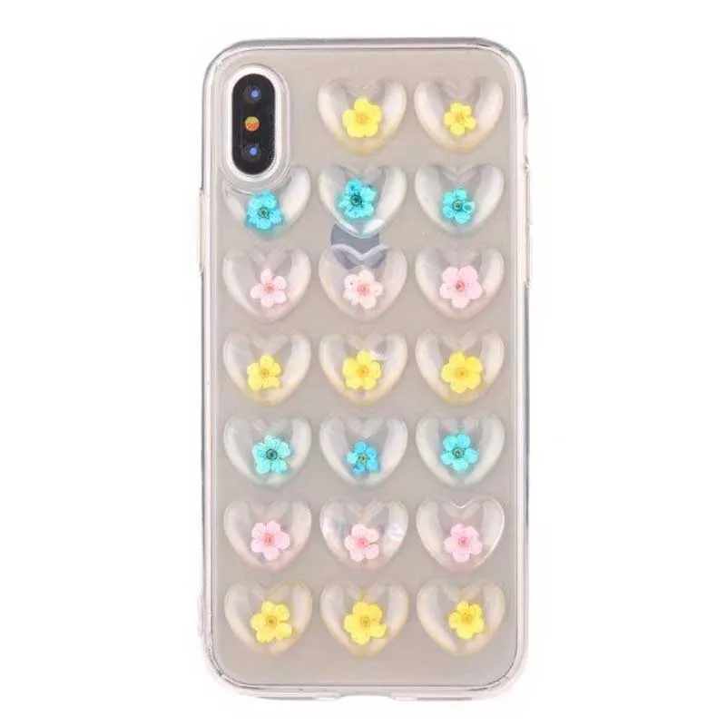 Модные 3D сердце любовь настоящие сухие цветы чехол для iPhone Xs Max Xr 8 7 6 Plus Прозрачный