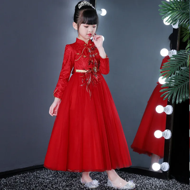 Красное китайское Qipao детское платье осень-зима Cheongsam атласное цветочное вечернее платье Детская одежда для дня рождения и нового года 12 лет