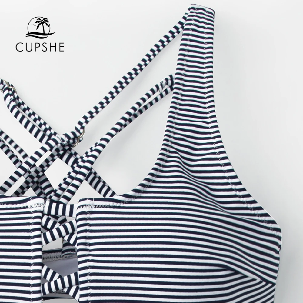 CUPSHE пикантные синий и белый в полоску Strappy женские комплекты бикини крест накрест