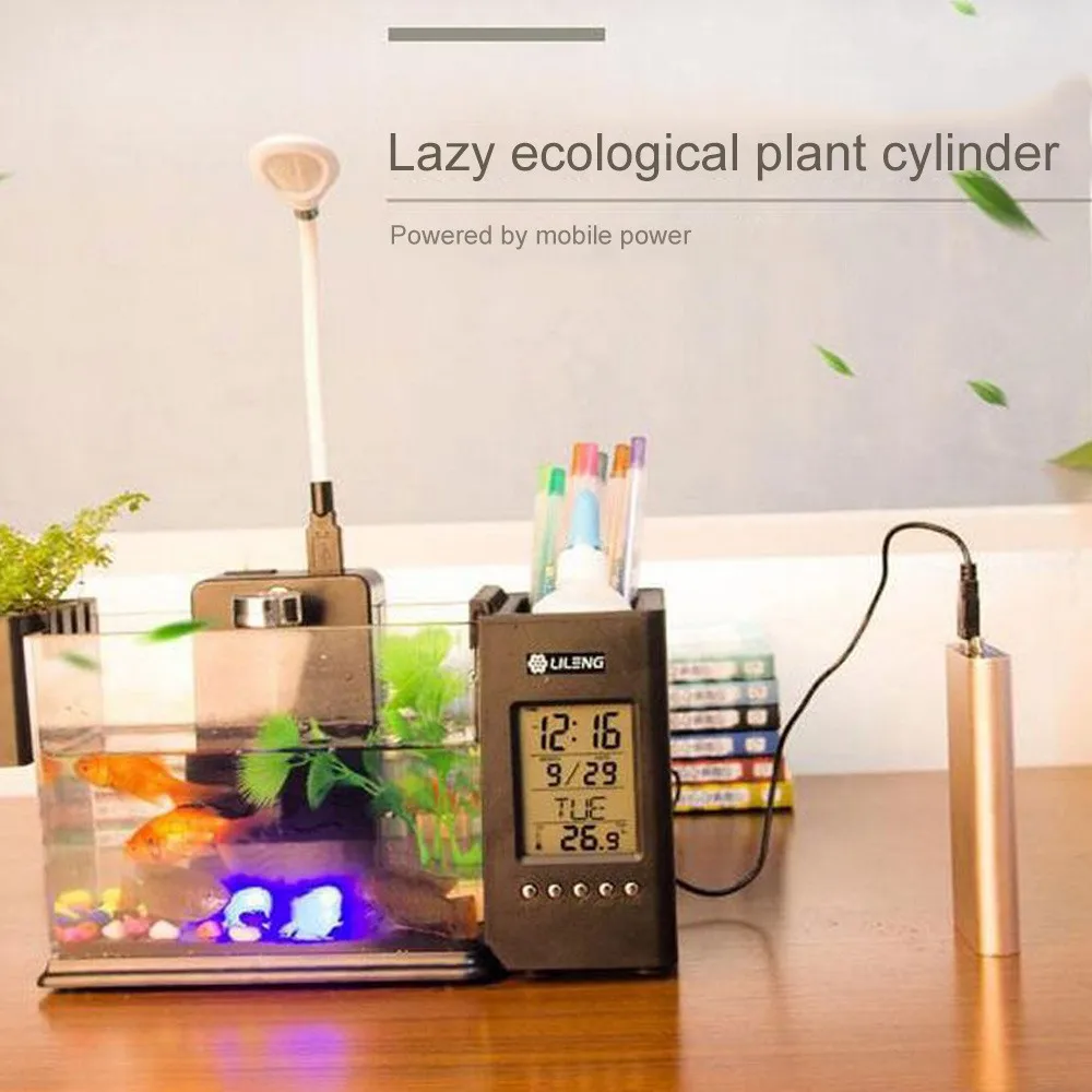 Мини-пластиковый аквариум для аквариумов светодиодный USB Betta аквариумные рыбки с держателем для ручки ЖК-дисплей экран и часы